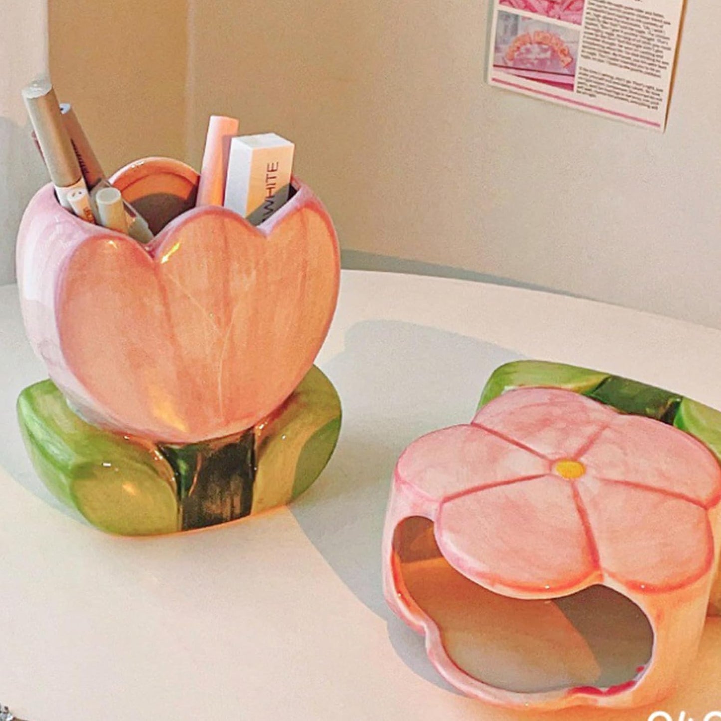 Red Makeup Brush Holder Pen Holder Office Desk Accessories Aesthetic Pencil Holders Cute Toothbrush Holders Flower Home Decor Vase Birthday Gifts for Women Vanity Kawaii Kitchen Utensil Holder