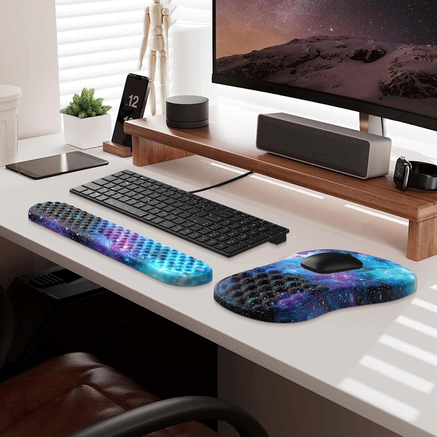 HAOCOO Keyboard Wrist Rest, Ergonomic Mouse Pad with Wrist Rest, 3 in 1 Keyboard and Mouse pad with Coaster Set, Memory Foam Wrist Support, Non-Slip PU Base for Home Office, Rose Gold Pink