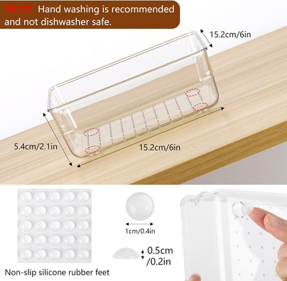 Ohlove 6 Pcs Large Clear Plastic Drawer Organizers Tray 15" x 6.3" Storage Bins with 25 Pcs Non-Slip Pads for Makeup, Jewelries, Kitchen Utensils, Bathroom and Office