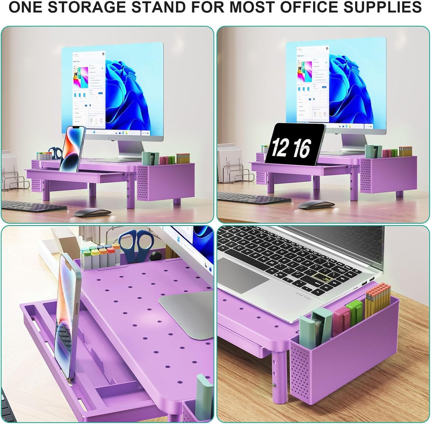 WALI Computer Monitor Stand with Storage, Desk Monitor Riser 3 Height Adjustable, Laptop Riser with Airflow Vents, Desk Organizer for Computer, Laptop, Printer (PTT002-B), 1 Pack, Black