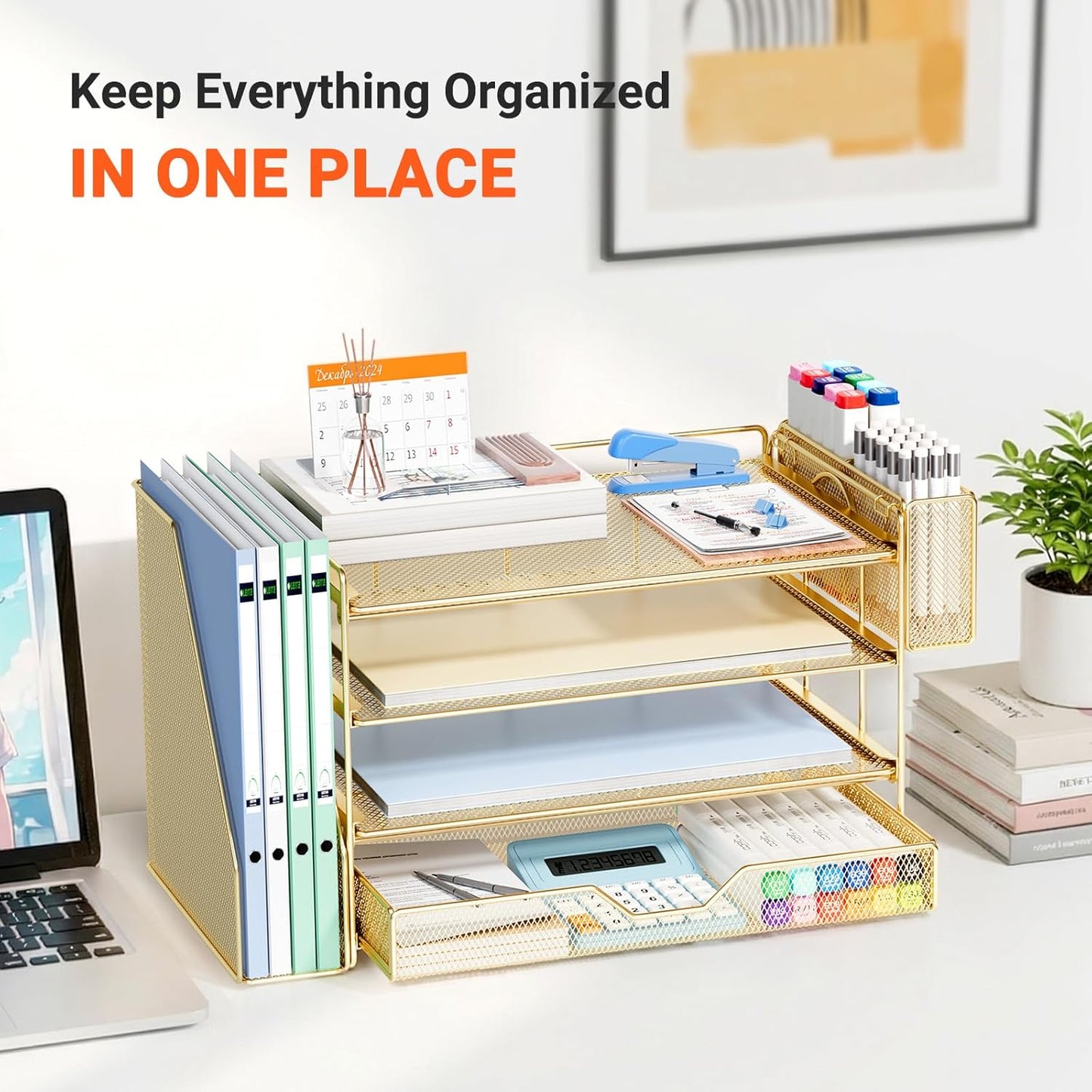 OPNICE Desk Organizers and Accessories, 4-Tier Office Desk Accessories & Workspace Organizers with Drawer and Pen Holder, Desktop Paper Tray File Organizer for Home Office Supplies, Gold
