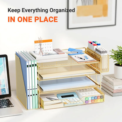 OPNICE Desk Organizers and Accessories, 4-Tier Office Desk Accessories & Workspace Organizers with Drawer and Pen Holder, Desktop Paper Tray File Organizer for Home Office Supplies, Gold