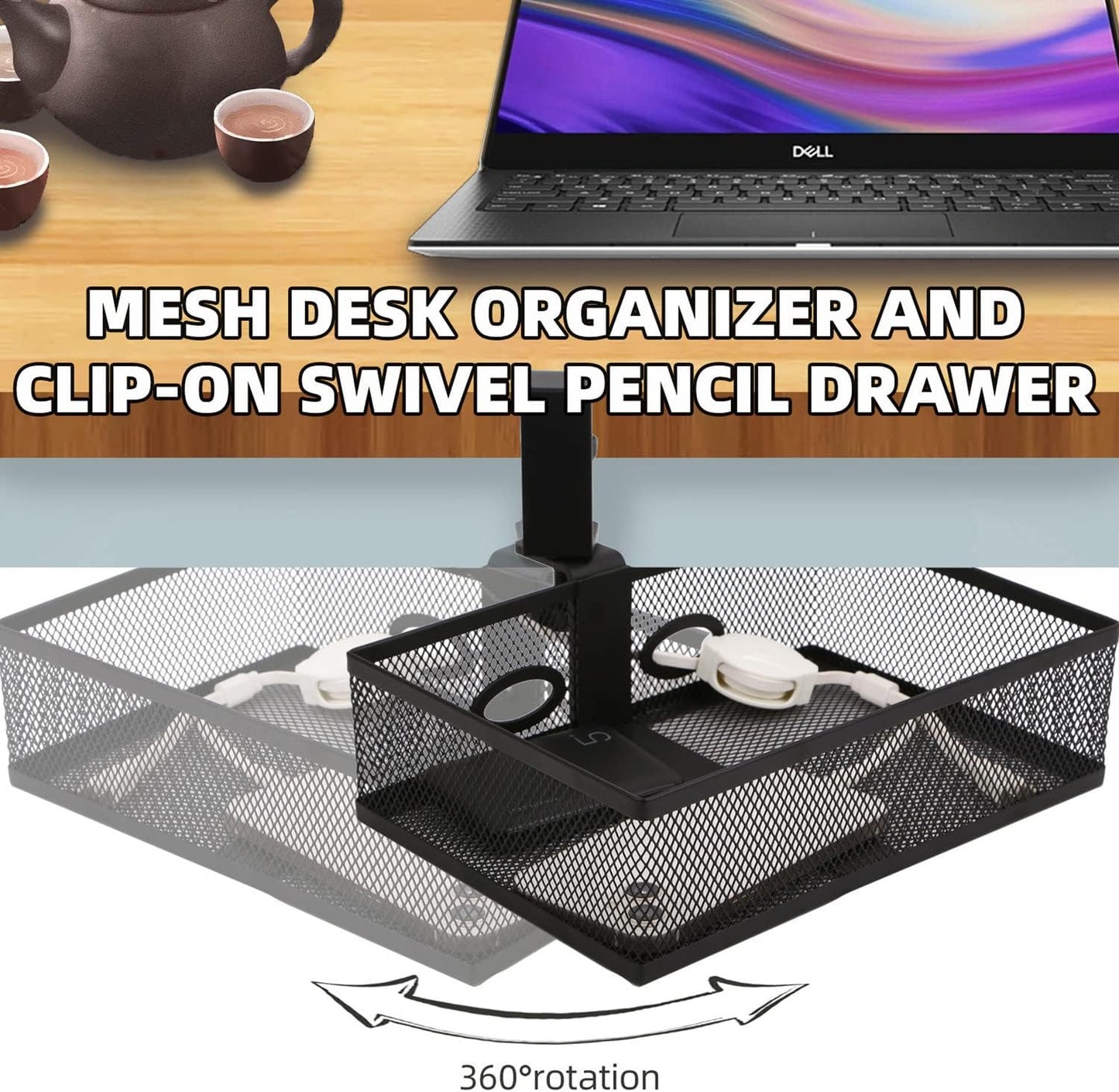 RHBLME Black Under Desk Drawer Storage - 360-Degree Rotating Desk Organizer Clamp-on Swivel Pencil Drawer Shelf for Office Tables