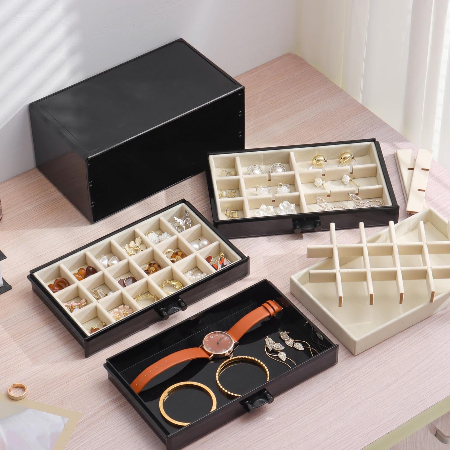 YUFONG Earring Organizer Box Acrylic Jewelry Organizer with 3 Drawers 54 Adjustable Grids Clear Stackable Earring Holder Velvet Trays Ring Display Case for Women Girls (Beige)