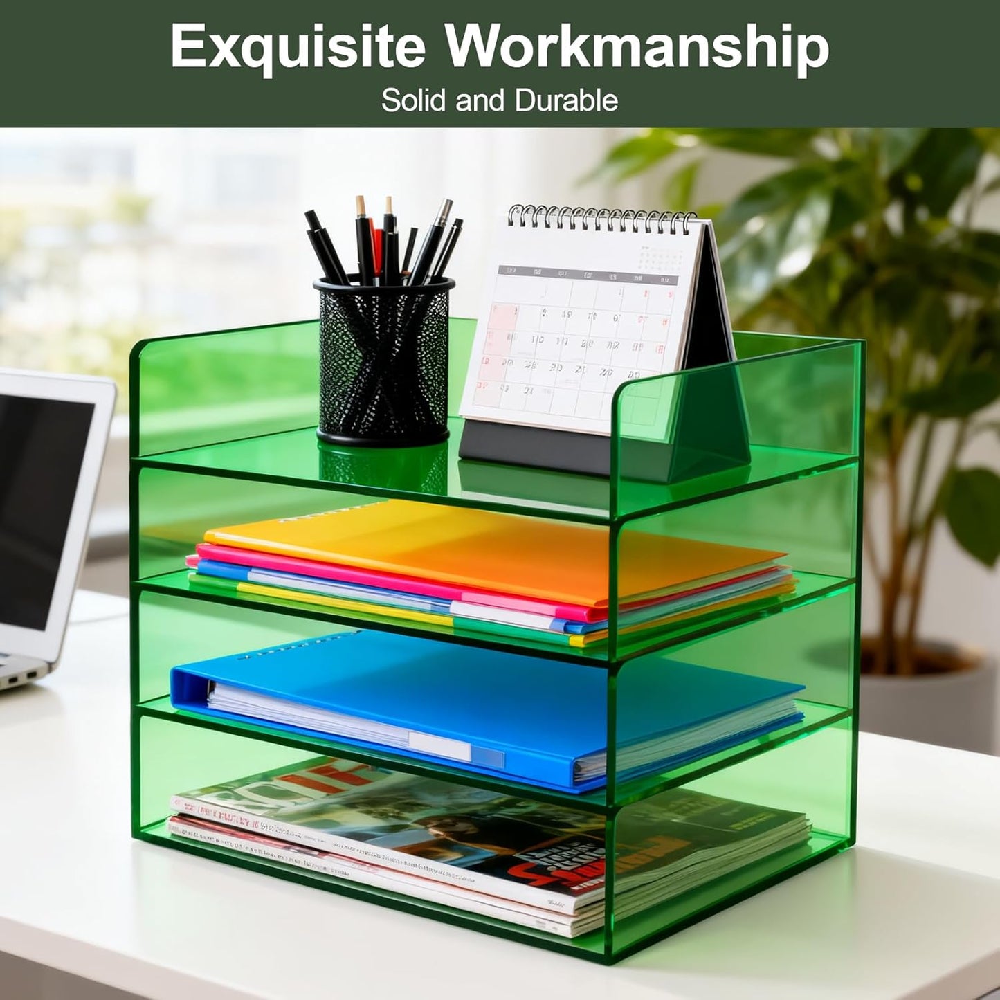 Gelite Acrylic File Organizer for Desk 4 Tiered Stackable Letter Tray Office Paper Storage Desktop Document Sorter, Neon Pink
