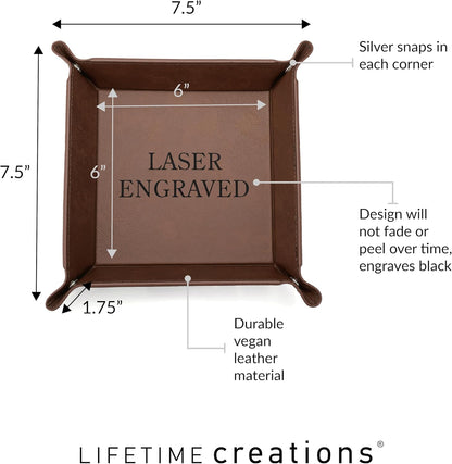 Lifetime Creations Monogrammed Valet Tray for Men (Brown) - Personalized Vegan Leather Catch All, Nightstand Desktop Desk Organizer for Coins, Keys, Watch