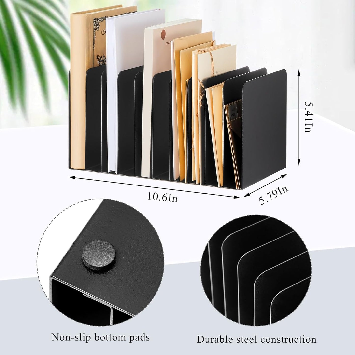 Suzile Metal Desktop File Organizer, 15 Compartments, Vertical File Sorter, Black, 5.79 W x 15.75 L x 5.41 H, Office, Reception Areas, Workspace