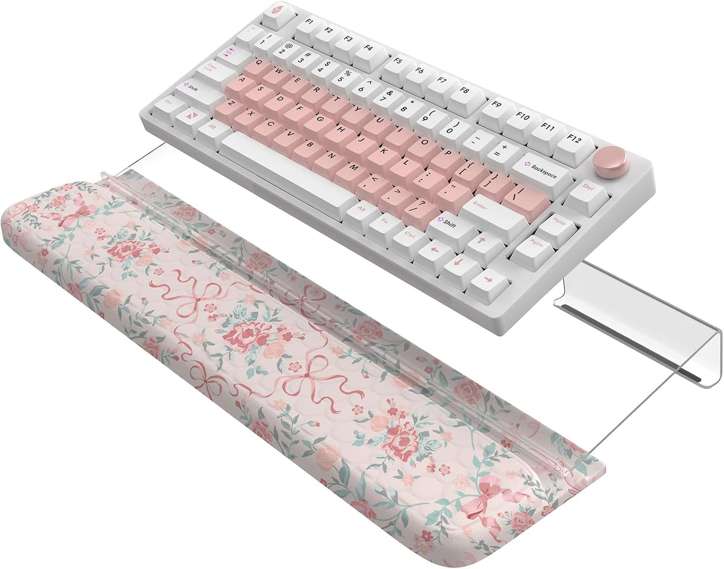 2 in 1 Keyboard Stand for Desktop, Floral Wrist Support for Keyboards, Anti-Fatigue Memory Foam Wrist Rest for Computer, 3-Angle Adjustable Keyboard Riser for Office Home (Pink Bow)