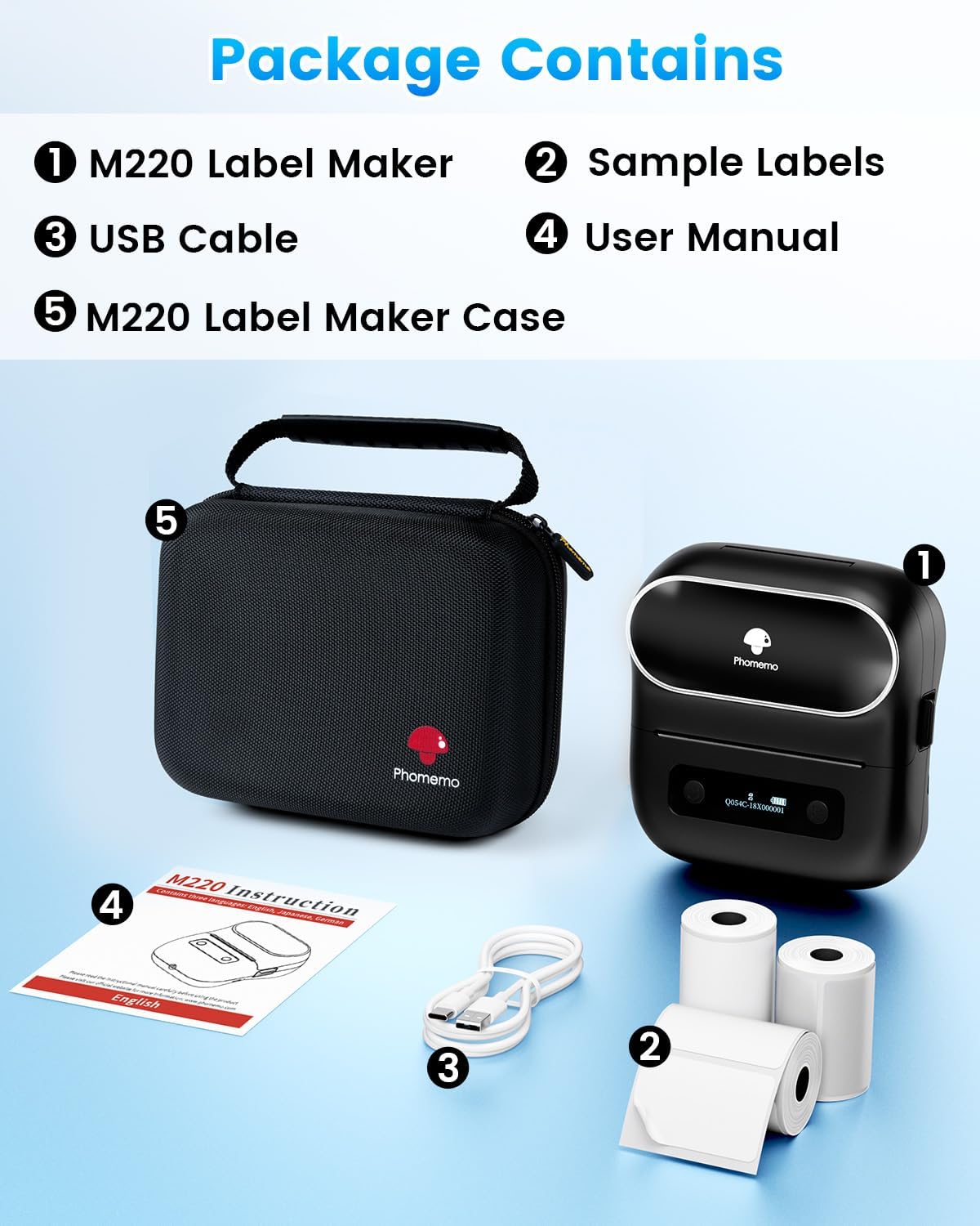 Phomemo Label Maker,M220 Label Printer,3 Inch Bluetooth Thermal Label Maker Machine with 6000+ Icons,700+ Templates,400+ Fonts,for Kids School Items,Small Business,Large Sticker