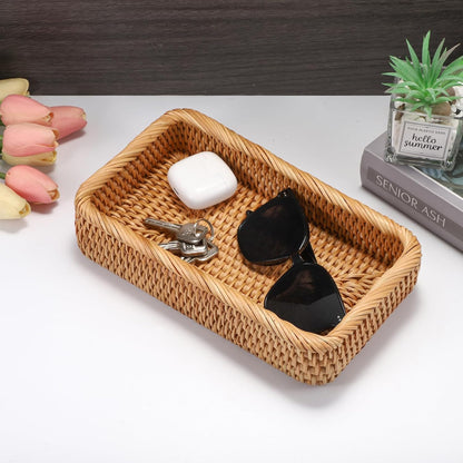 Hipiwe Key Basket Tray for Entryway Table Rattan Serving Tray Handwoven Wicker Baskets Vanity Trays Square Decorative Fruit Trays for Kitchen Counter Bedside Living Room Bathroom, 8.1"