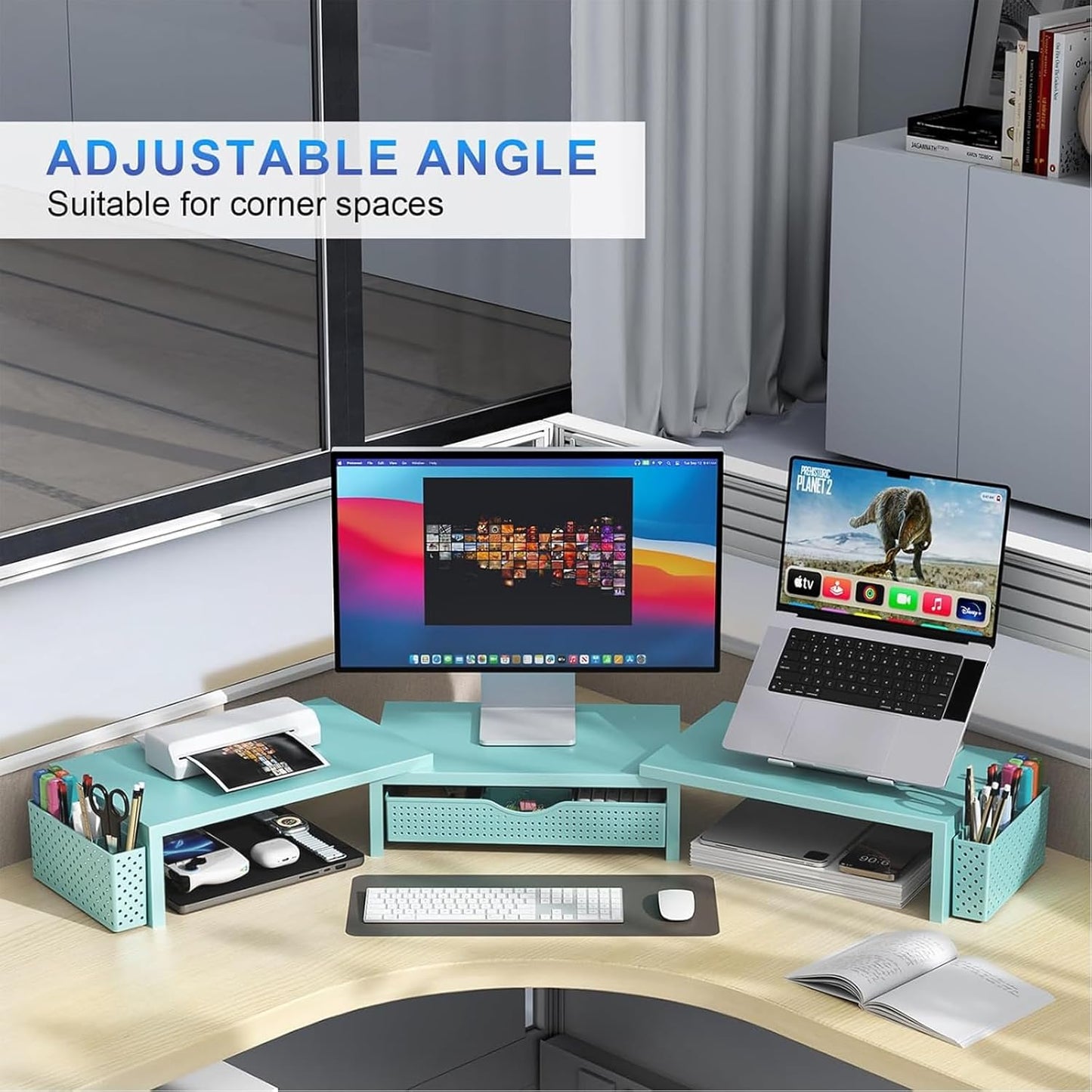gianotter Dual Monitor Stand Riser, Desk Organizer With Drawer and 2 Pen Holders, Computer Monitor Stand, Shelf for Top of Desk, Black