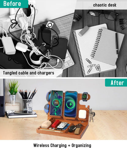 Nightstand Organizer with 4 Wireless Charger for 2 iPhone/Android Phone,Apple Watch,Airpod,Wood Phone Docking Station,27W Fast Wireless Charging Station,Wallet/Key Holder,Gifts for Dad/Men