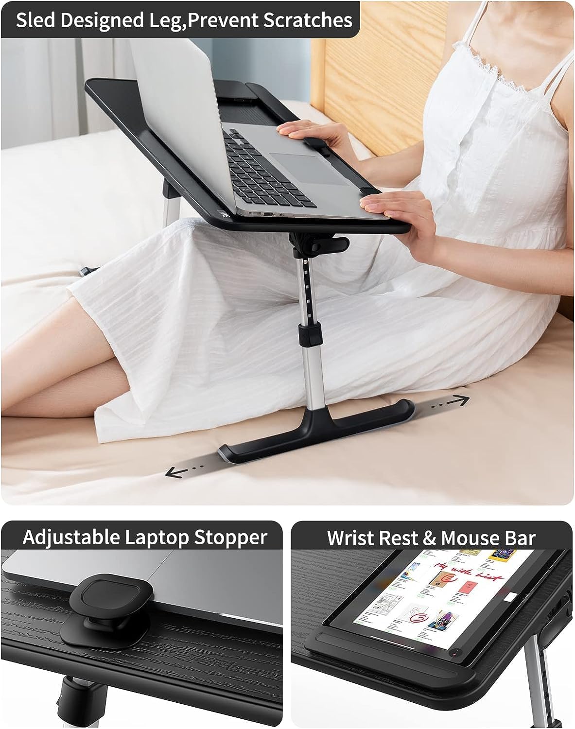 SAIJI Height & Angle Adjustable Laptop Stand for Bed, Lap Desk Bed Tray Table, Light Weight Foldable Portable Laptop Table for Couch Sofa Chair Floor Desk for Adults, Kids (52*30cm Black)