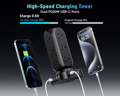 Flat Plug Power Strip Tower 10FT, 40W Total Fast Charging Station, Dual PD 20W USB-C Surge Protector with 12 AC Outlets and 8 USB Ports (4 USB C), Long Extension Cord for Home Office Dorm Room
