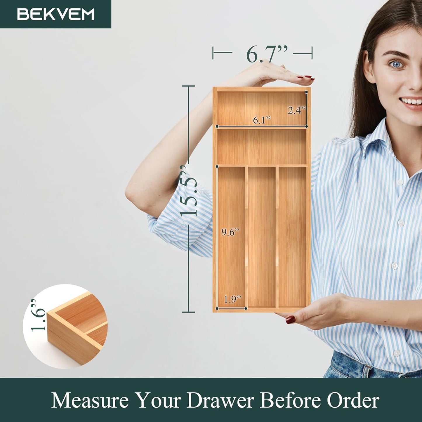 Small Silverware Organizer, Bamboo Kitchen Drawer Organizer, Utensil Holder, Cutlery Tray & Spoon Flatware Storage with Grooved Drawer Dividers (6.7''W x 12''D)