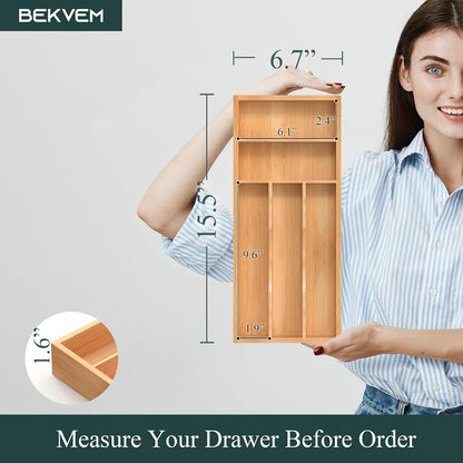 Small Silverware Organizer, Bamboo Kitchen Drawer Organizer, Utensil Holder, Cutlery Tray & Spoon Flatware Storage with Grooved Drawer Dividers (6.7''W x 12''D)