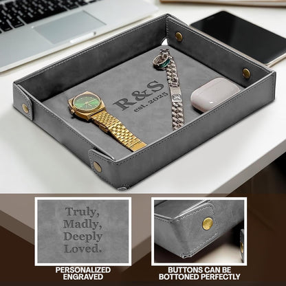 Engraved Leather Valet Tray for Men – Personalized Catchall with Custom Name for Desk, Dresser, Nightstand – Men's Organizer Tray for Keys, Wallet, Jewelry, Personalized Gift for Home, Office - Coffee