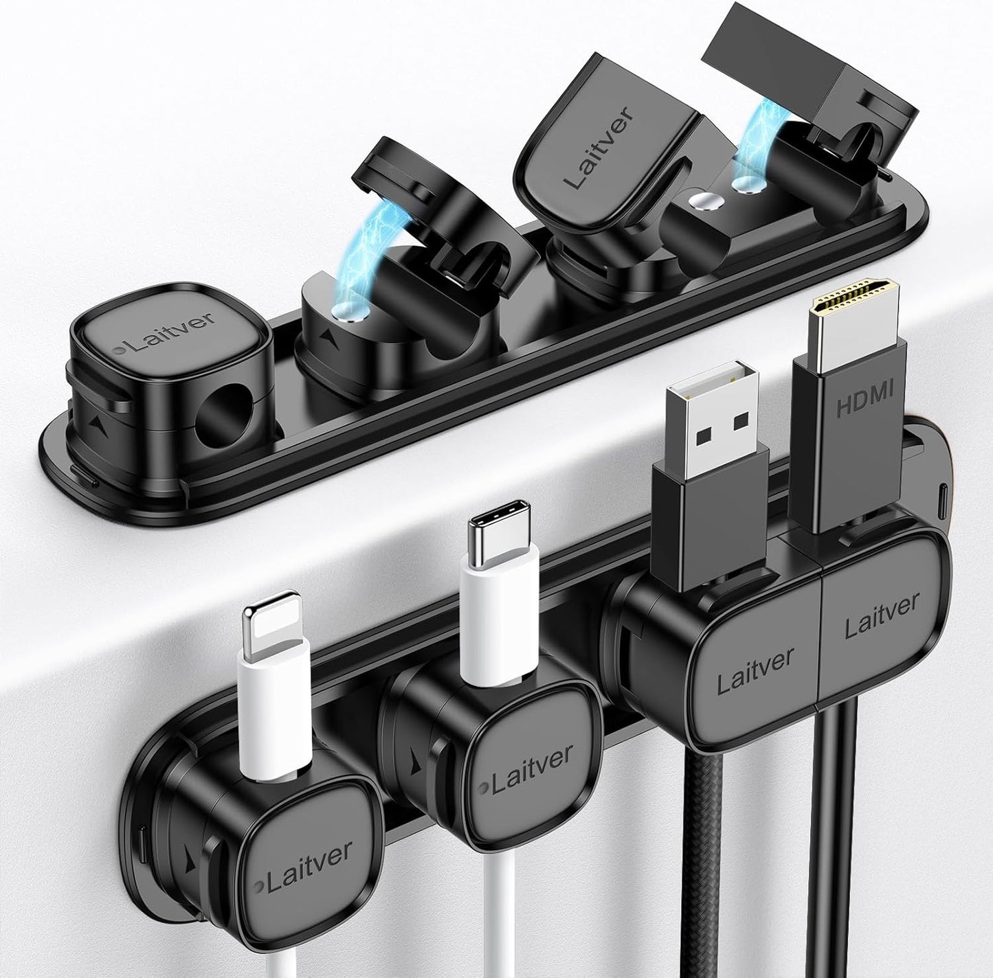 6 Pack Magnetic Cable Clips [1s Open/Lock], Laitver Cord Organizer Holder Strong Adhesive Desk Cable Management- Organize Charging Cords Neatly for Home, Office, Car,Desk, Nightstand