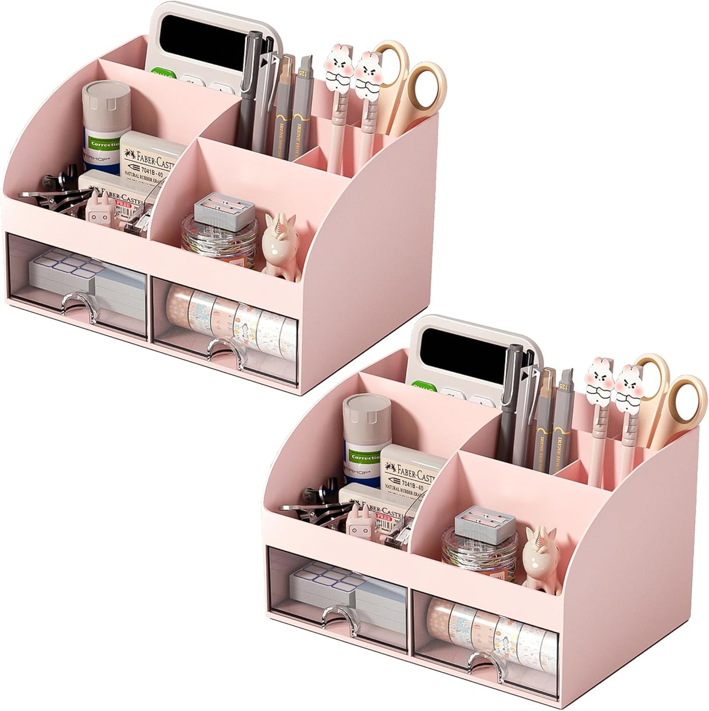 COMFYROOM Desk Organizer with 6 Compartments and 2 Drawers, Plastic Makeup Organizer, Pen Holder for Desktop Storage, Desk Organization for School, Home, Office Supplies (White)