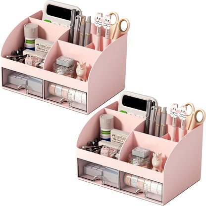 COMFYROOM Desk Organizer with 6 Compartments and 2 Drawers, Plastic Makeup Organizer, Pen Holder for Desktop Storage, Desk Organization for School, Home, Office Supplies (White)