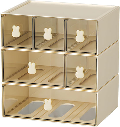 Desktop Storage Drawers, Plastic Desk Organizer with 3 Drawers, Modular Stackable Toolbox Units for Office Stationary, Makeup Container, Bathroom Countertop (1 Tall Layer, Cream & Clear)