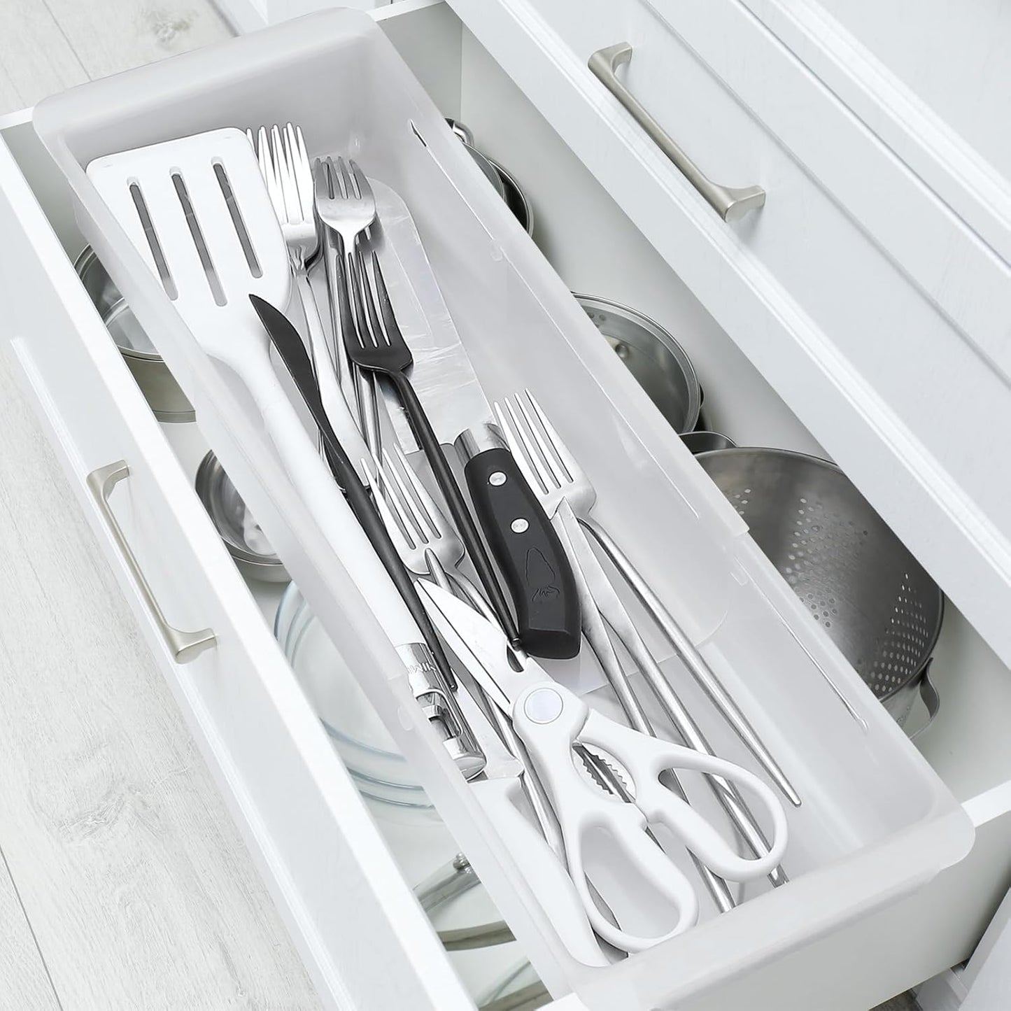 2 Pack Deep Drawer Organizer Bins, Adjustable Sliding Drawer Organizer Bin Expandable Tray for Kitchen Utensils, BBQ Tools, Towels, Durable Plastic Sliding for Easy Storage (17" to 27”)