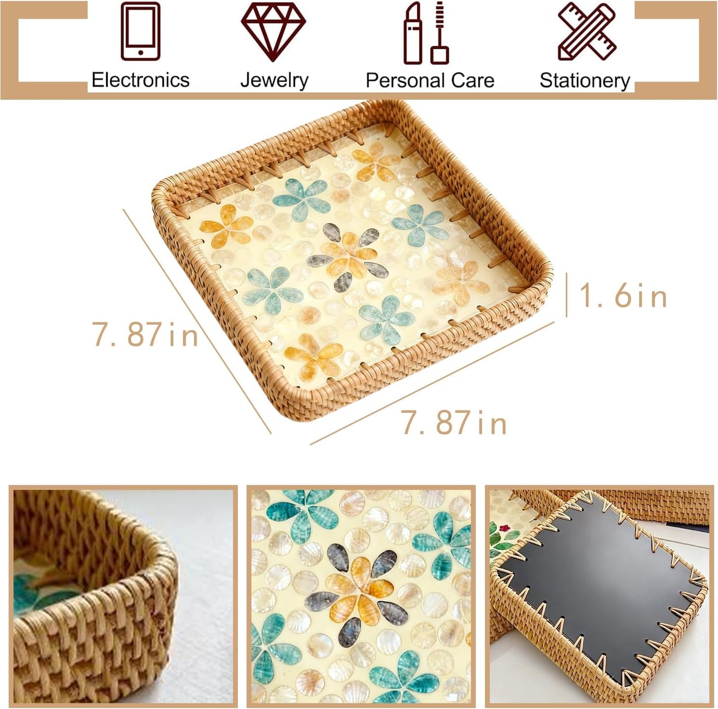 Handwoven Wicker Valet Tray, 8 Inch Square Catch All Organizer for Jewelry, Watches & Keys | Decorative Tray for Nightstand, Desk, Entryway, Coffee Table & Bathroom Counter