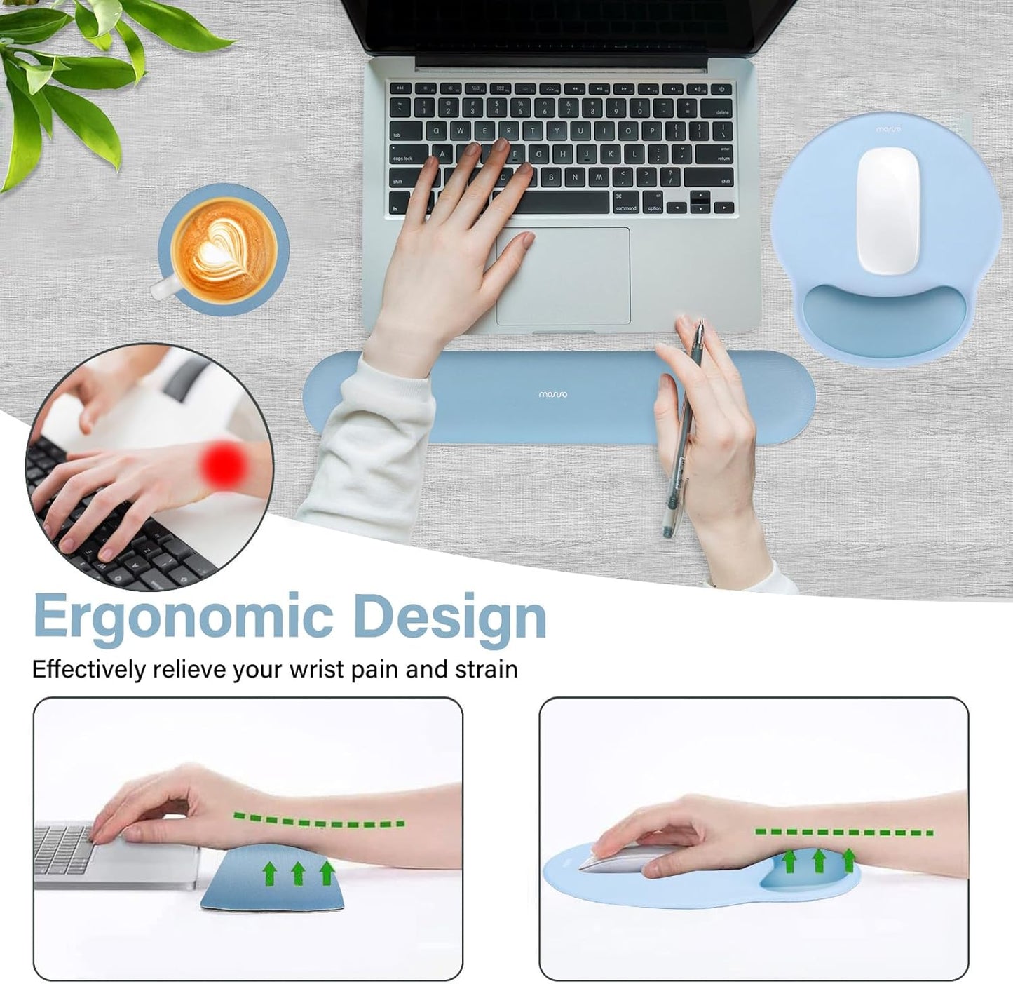 MOSISO Wrist Rest Support for Mouse Pad&Keyboard Set, Circle Curved Ergonomic Mousepad&Coaster Non-Slip Base Home/Office Pain Relief&Easy Typing Pad with Soft Cloth&Silicone Lining, Antique Green