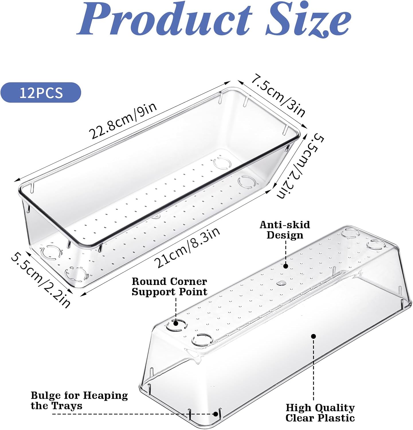 12 Pack Clear Plastic Kitchen Drawers Organizer 9 * 3 * 2 Inch Stackable Storage Trays for Kitchen Utensils Makeup Jewelry Office Supplies Bathroom and Dressing Table