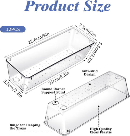 12 Pack Clear Plastic Kitchen Drawers Organizer 9 * 3 * 2 Inch Stackable Storage Trays for Kitchen Utensils Makeup Jewelry Office Supplies Bathroom and Dressing Table