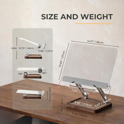 muso wood Acrylic Book Stand for Reading, Adjustable Book Holder with Walnut Storage and Elastic Clips, Desktop Riser Stand for Cookbook, Magazine, Tablet, Laptop