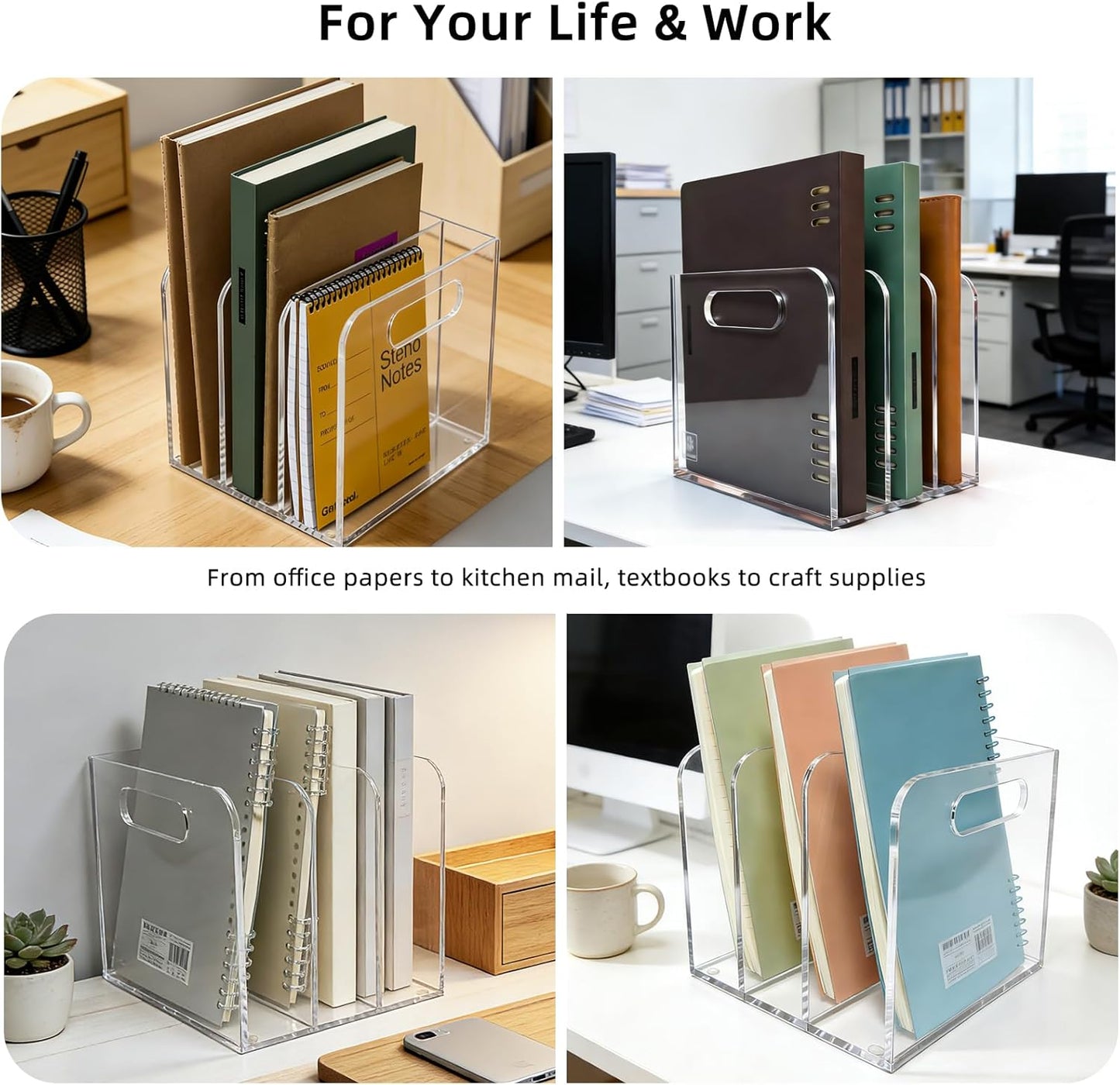 Acrylic Magazine File Holder, 3 Vertical Compartments Desk Document Sorter Organizer, Clear Folder Rack Binder for Office/Documents/Classroom, for Home, Tablet, Magazines, Books & Accessories