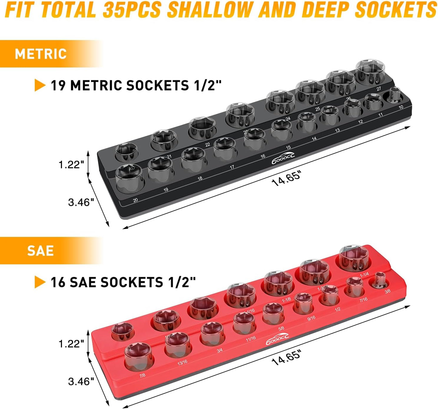 GOOACC 1/4" Magnetic Socket Organizer, 2 Pieces Socket Holder Metric SAE Socket Tray, 1/4 inch Socket Organizer Tray Holds 52 Standard Sockets for Tool Box Drawer