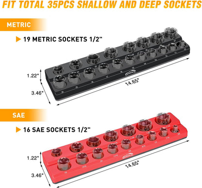 GOOACC 1/4" Magnetic Socket Organizer, 2 Pieces Socket Holder Metric SAE Socket Tray, 1/4 inch Socket Organizer Tray Holds 52 Standard Sockets for Tool Box Drawer