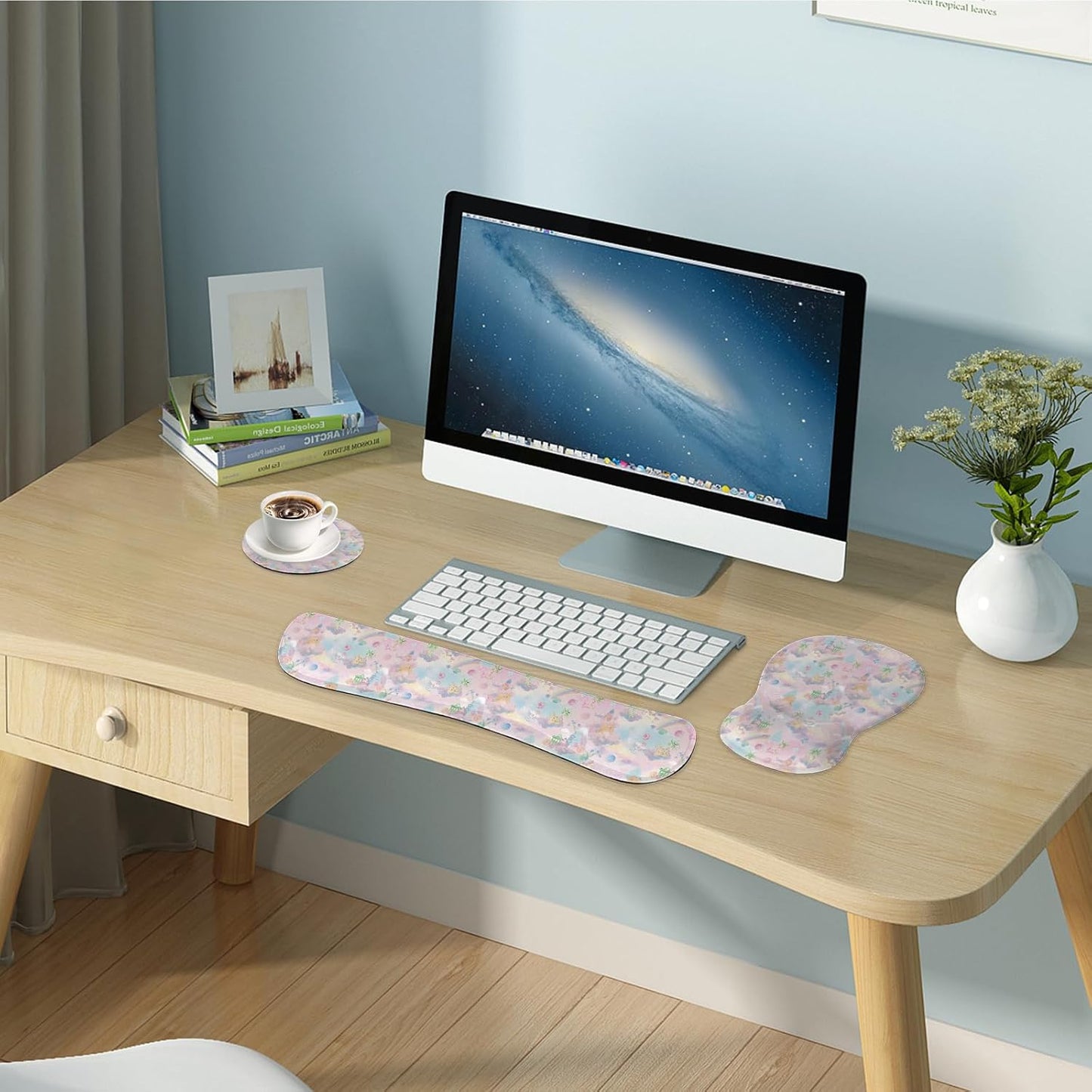 Wrist Rest Support for Mouse Pad Keyboard Set Circle Coaster Gaming Mouse Pad Ergonomic Gel Memory Foam Set for Computer, Laptop, Office, Pain Relief, Comfortably Typing Flowers KM-39
