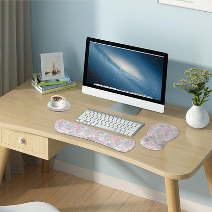 Wrist Rest Support for Mouse Pad Keyboard Set Circle Coaster Gaming Mouse Pad Ergonomic Gel Memory Foam Set for Computer, Laptop, Office, Pain Relief, Comfortably Typing Flowers KM-39