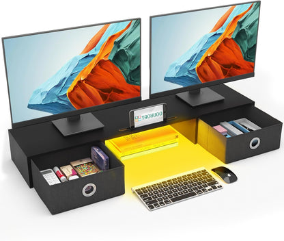 YAOHUOO Dual Monitor Stand with LED Light 2 Drawers, Computer Monitor Riser for 2 Monitors, Large Desktop Organzier with Storage for PC/Laptop/Computer/TV Screen/Printer