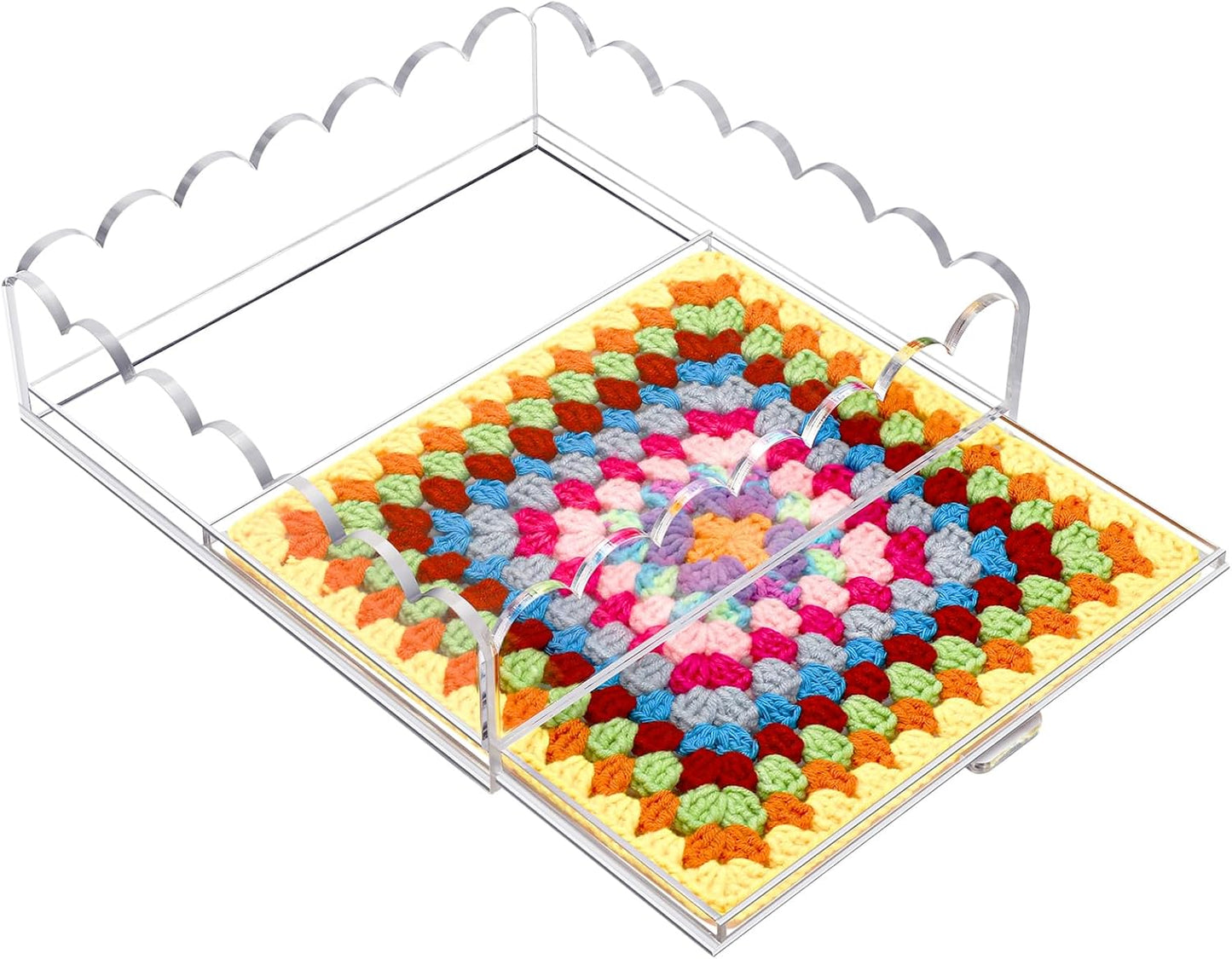 Scalloped Acrylic Tray, 5" x 5" Clear Acrylic Tray with Drawer for Insert Needlepoint, Customizable Photos, Art, Fabric, Napkin, Jewelry Organizer, Modern Desk Decor Gift