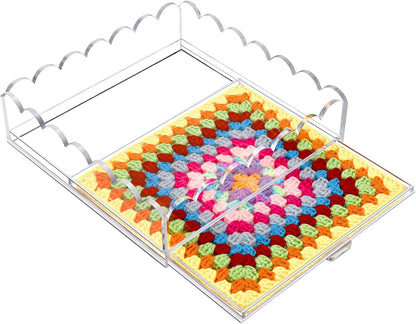Scalloped Acrylic Tray, 5" x 5" Clear Acrylic Tray with Drawer for Insert Needlepoint, Customizable Photos, Art, Fabric, Napkin, Jewelry Organizer, Modern Desk Decor Gift
