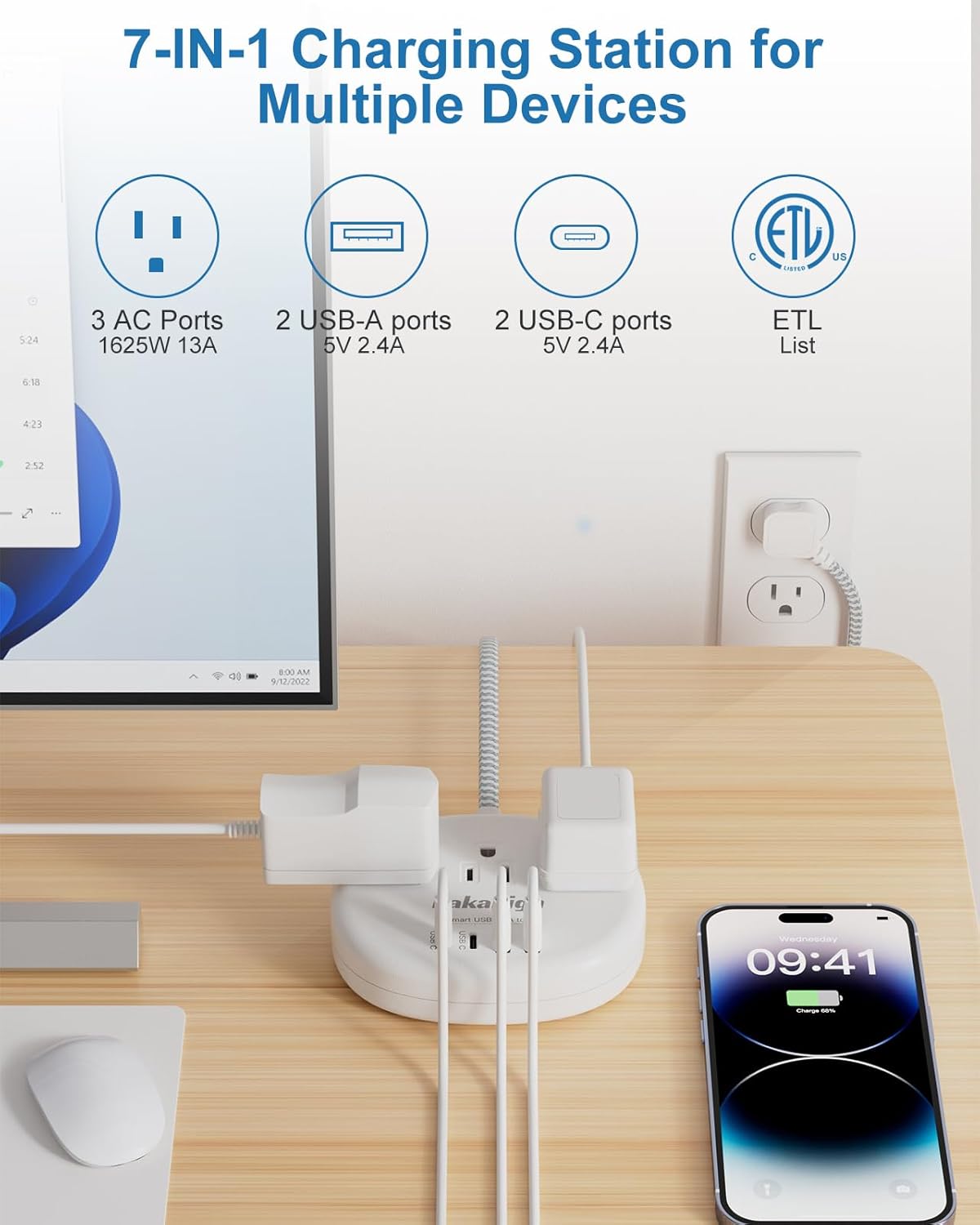 Pink Extension Cord with Surge Protected 1080J - 5 FT Kawaii Power Strip, 1625W Cute Extension Cord with 3 AC Outlet 4 USB (24W/4.8A), Compact for Cute Pink Kawaii Desk Home Essentials