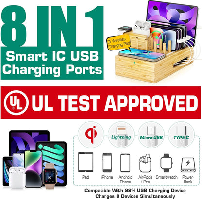Bamboo Wireless Charging Station for Multiple Devices - Wood Docking Station Organizer, Qi Certified Fast Wireless Charger, 7 USB Charging Ports for Cellphone, Smart Watch, Earbuds, Tablet