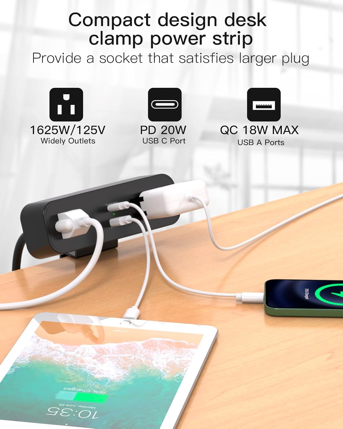 PD30W Desk Clamp Power Strip, Desktop Mount Surge Protector, Fast Charging Station, 5Ft Extension Cord Desk Edge Mount Shelf with 4 Outlets 4 USB Ports (2 USB C), Home Office Accessories Essentials
