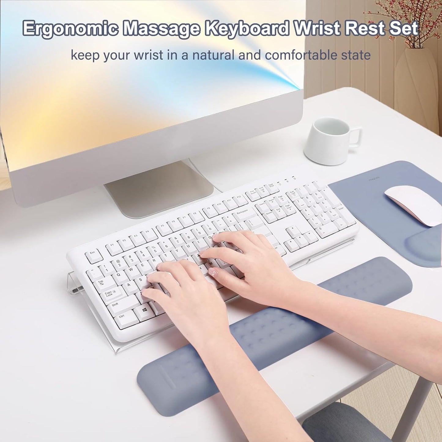 MOSISO Computer Keyboard Stand&Wrist Rest Support for Keyboard &Mouse Pad Set, Ergonomic Massage Wrist Rest Set, Easy Typing Working Acrylic Clear Stand for Office Home, Apricot