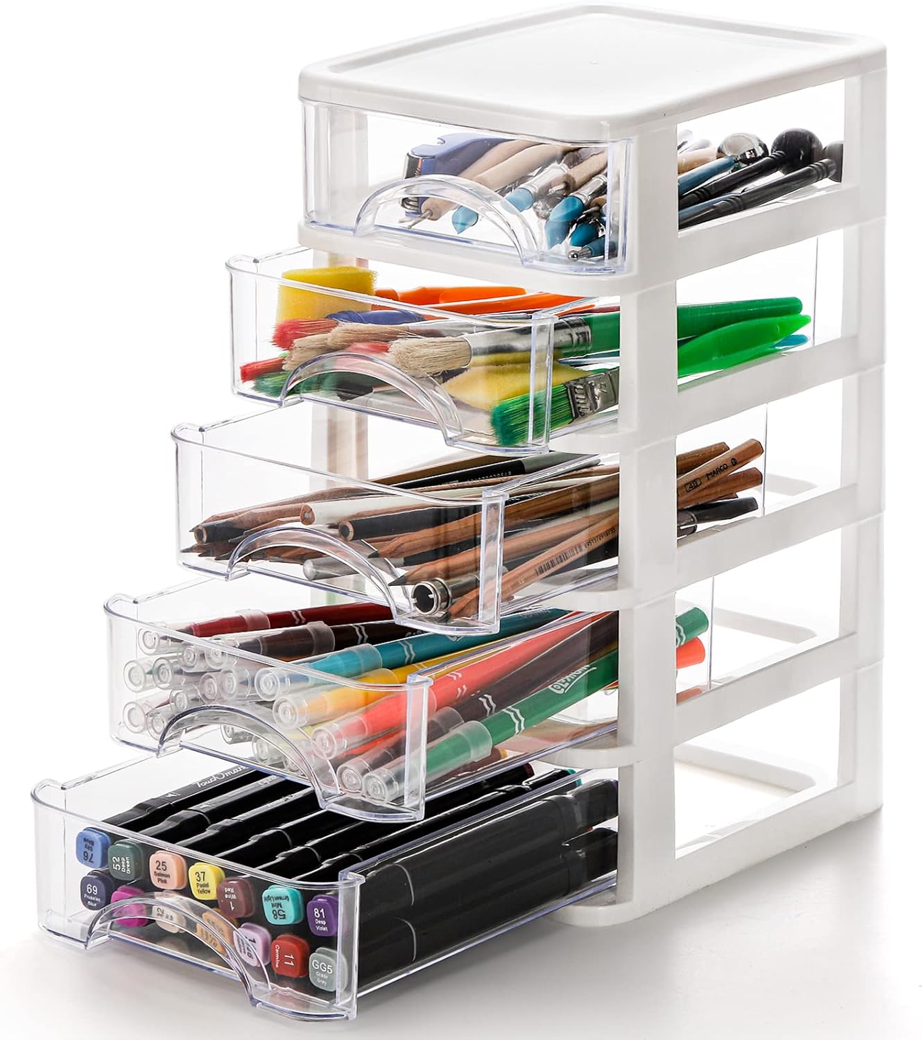 Hedume Desktop Drawer, Clear 5 Drawer Desktop Storage Unit, White Frame with Clear Drawers, Drawer Unit