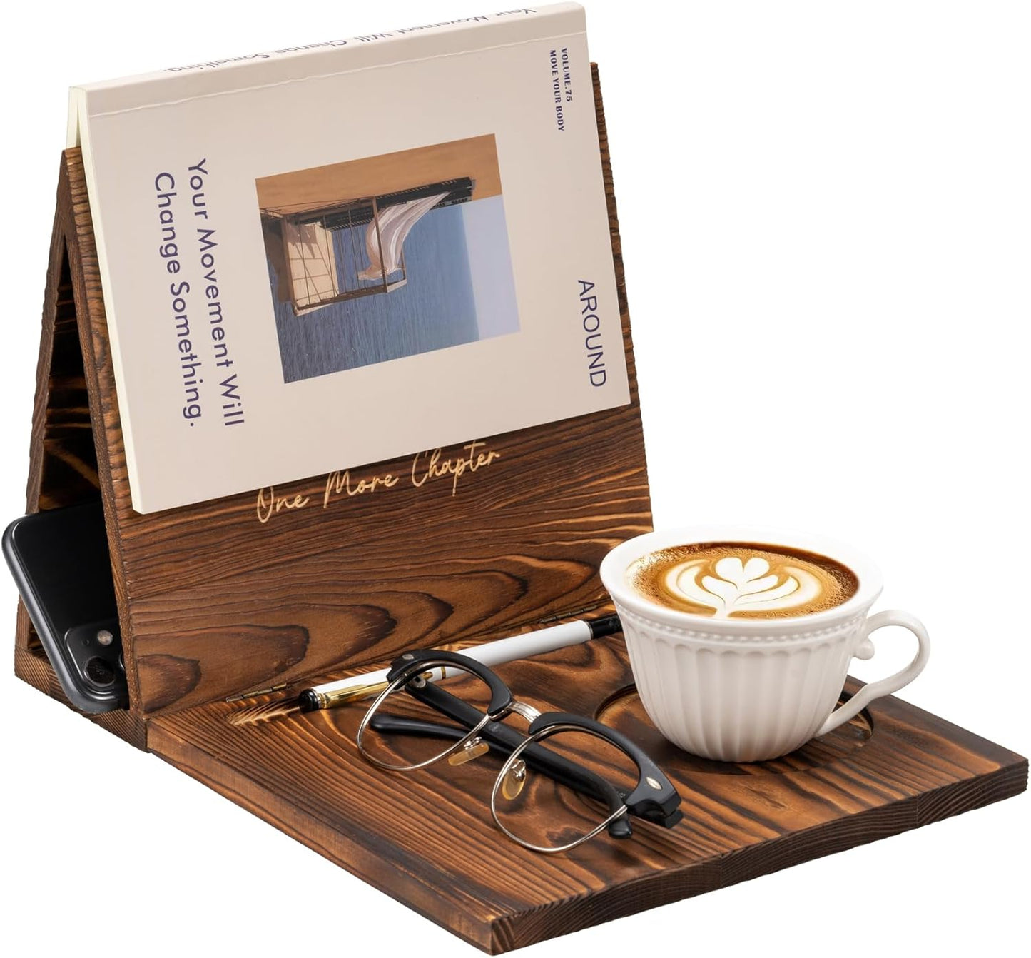 Wooden Book Holder Stand for Page Rest Nook Reading Valet with Coffee Mug Cup Glasses Pen Ipad Holder for Nightstand Desktop Bedside Birthday Gifts for Book Lovers Readers (Brown)