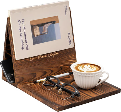 Wooden Book Holder Stand for Page Rest Nook Reading Valet with Coffee Mug Cup Glasses Pen Ipad Holder for Nightstand Desktop Bedside Birthday Gifts for Book Lovers Readers (Brown)
