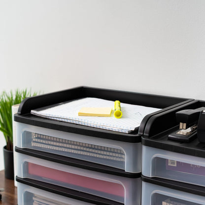 IRIS USA Plastic Stacking Desk Top 3-Drawer Storage Organizer, 2-Pack, for Makeup Vanity Nail Polish Bathroom Stationery Art Craft Supplies Kitchen Office Garage and Small Organization, Small, Black