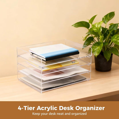 4-Tier Acrylic Desk Organizer, 12.4 x 8.9 x 7.1 in Stackable A4 File Document Tray with Track, Transparent Desktop Storage Holder for Office Supplies, Books and Notes