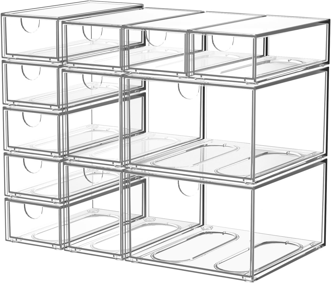 12 Pack Clear Stackable Storage Drawer Set, 3 Sizes (8 Small/2 Medium/2 Large) Modular Acrylic Drawer Organizer, Makeup Organizer for Vanity, Bathroom, Kitchen Cabinet, Desk, Undersink, Pantry, Office