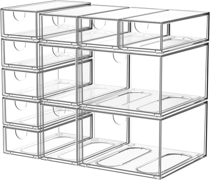 12 Pack Clear Stackable Storage Drawer Set, 3 Sizes (8 Small/2 Medium/2 Large) Modular Acrylic Drawer Organizer, Makeup Organizer for Vanity, Bathroom, Kitchen Cabinet, Desk, Undersink, Pantry, Office